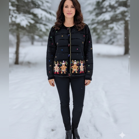 Jack B. Quick Sweaters - Festive Black Holiday Jacket with Embroidered Reindeer
